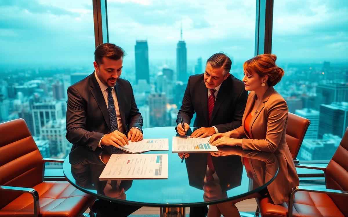 Sala de transacciones M&A con ejecutivos revisando valuación